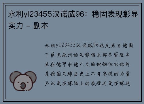 永利yl23455汉诺威96：稳固表现彰显实力 - 副本