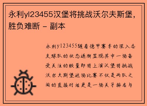 永利yl23455汉堡将挑战沃尔夫斯堡，胜负难断 - 副本