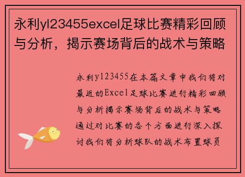 永利yl23455excel足球比赛精彩回顾与分析，揭示赛场背后的战术与策略